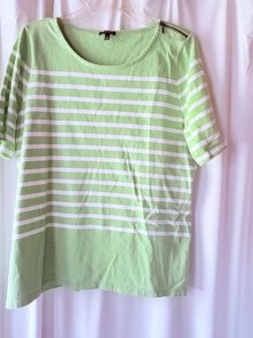Talbots Womens Classic Boatneck Tee Green & White Horizontal Striped T-Shirt XL